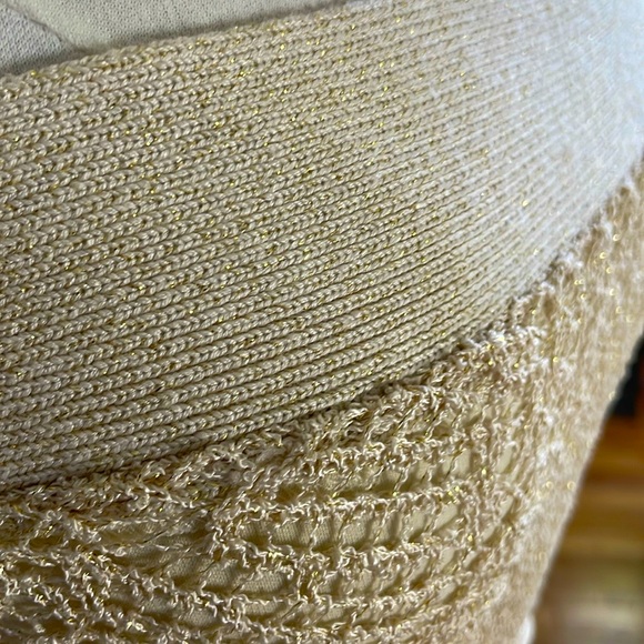 NWOT  bebe Metallic Gold Mini Crochet-Knit Halter A-Line Belted Dress, Size M - Picture 4 of 16